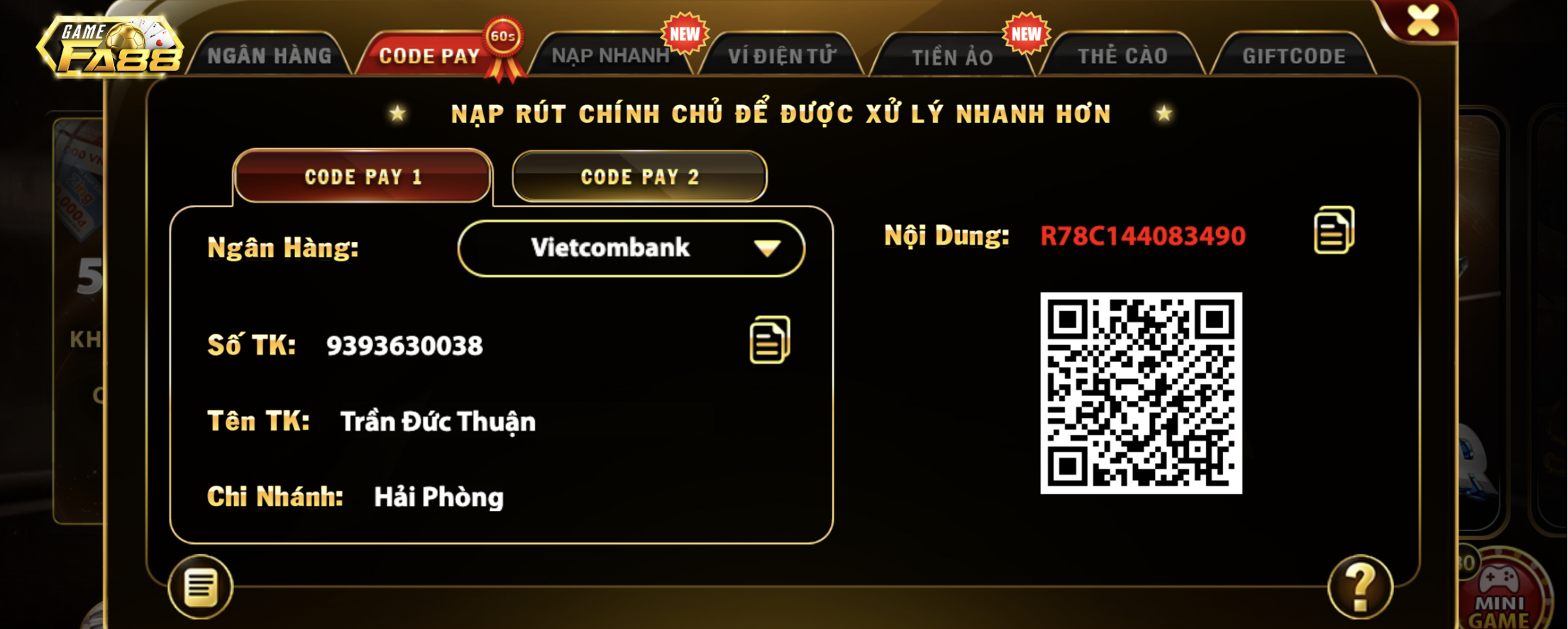 Các bước nạp tiền qua CODE PAY